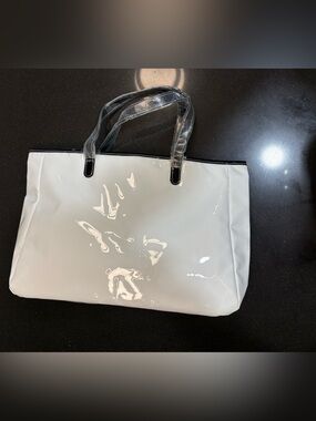 Saks Fifth Avenue White Patent Tote Bag with Black Trim